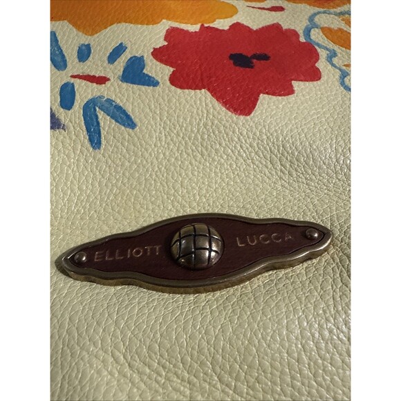 Elliott Lucca Leather Purse Yellow Hand Painted w/ Wood Gold Accents Soft EUC - Picture 2 of 16